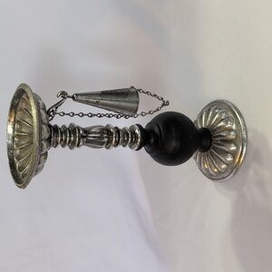Vintage Dilly Silver Tone Cast Metal Pillar Candle Holder W/ Chained Snuffer.